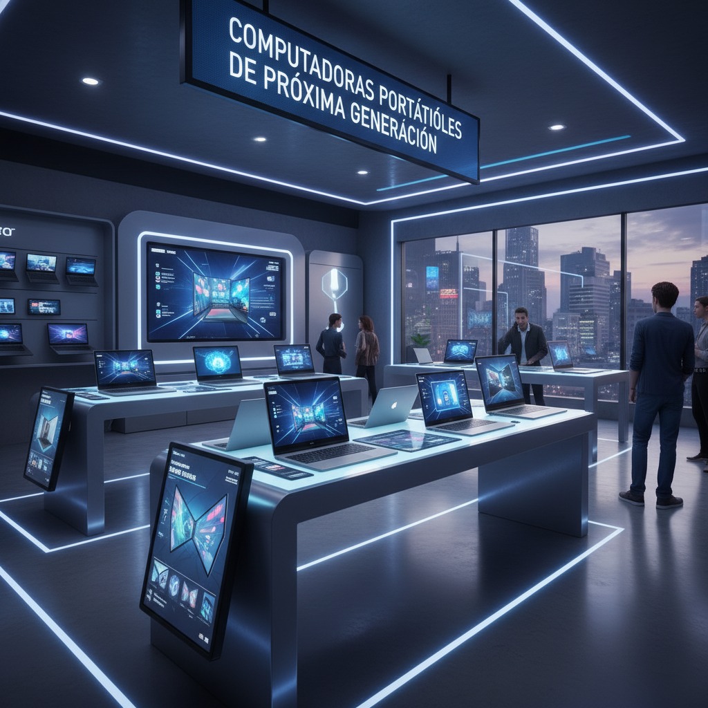 Tienda tecnológica iluminada con mesas que exhiben computadoras portátiles y un letrero que dice Computadoras Portátiles de Próxima Generación.
